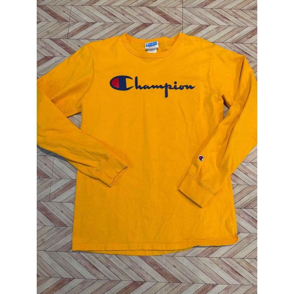 Y2K VTG Champion Long Sleeve T-Shirt Yellow Logo Crew Neck Medium VINTAGE